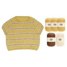 WoolClub Top-down 條紋針織上衣 Cotton Cream 5球 + 影片織圖編織DIY套組, 1套, 黃色(主色), 棕色(配色A), 象牙白(配色B)