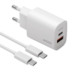 Wilko 25W 2孔 Multi PPS PD3.0 超高速充電器 + Type-C to Type-C 傳輸線 1.5m 套組, 1套, 白色