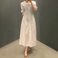 Paperments 法式風格鈕扣長版洋裝 10541, 白色