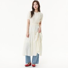 PLASTIC ISLAND 女款蕾絲配色縮褶連身裙 PR2WO931, 象牙白