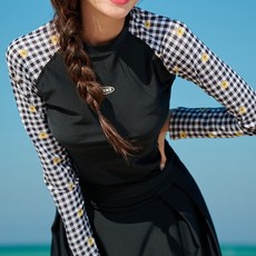 WEEK9 女款雙色拼接拉格蘭長袖防曬衣, 格紋雛菊