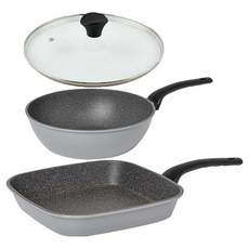 Queensense 平底鍋2件組, 灰色, 27cm方形煎鍋+24cm炒鍋+24cm玻璃鍋蓋, 1個