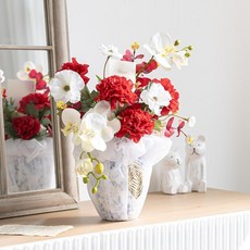 flowertree 人造花 母親節 紅色康乃馨 高級包巾花盆組 42公分, 混合色