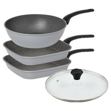 Queensense 平底鍋3件組, 27cm方形煎鍋+27cm方形煎鍋+24cm炒鍋+24cm玻璃鍋蓋, 1套, 灰色