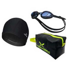 HEST 游泳用品 泳鏡 HTB-GGK17 + 泳帽 HTB-CF01 + 泳袋套組 E-1, 1套, 黑色