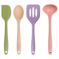 Salle Ma 꼼디맘 矽膠迷你廚具4件組, 1套, 刮刀 + 炒匙 + 鍋鏟 + 湯勺, 橄欖綠, 奶油黃, 薰衣草紫, 蜜桃粉
