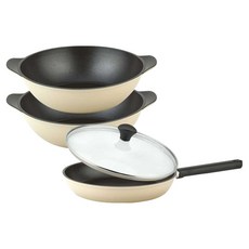 퀸센스 샌드 후라이팬 3종 + 유리뚜껑 세트, 베이지, 후라이팬 28cm + 파티웍 28cm + 파티웍 28cm + 유리뚜껑 28cm, 1세트