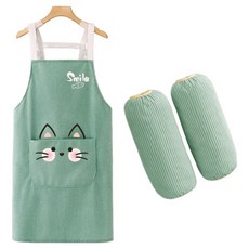 泰坦燈芯絨圍裙 + 袖套 2件組, 綠色貓咪