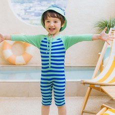 똘무룩 아동용 컬러스트라입 래쉬가드 상하의 + 아쿠아 썬블럭햇 세트
