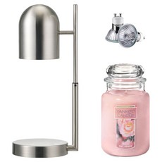 The Sweet 定時可調高度歐式融蠟燈 + Yankee Candle 大蠟燭 + 燈泡 2入組, 鮮切玫瑰, 銀色(融蠟燈)