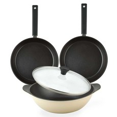 퀸센스 샌드 후라이팬 3종 + 유리뚜껑 세트, 베이지, 후라이팬 28cm + 후라이팬 28cm + 파티웍 28cm + 유리뚜껑 28cm, 1세트