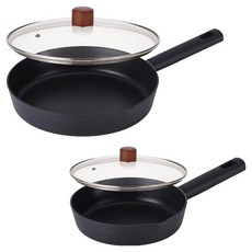 Lacena 全感應平底鍋 20cm + 28cm + 玻璃鍋蓋 2件組 4個, 1套, 黑色, 平底鍋 2種 + 玻璃鍋蓋 2件
