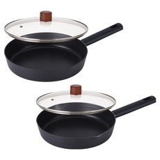 Lacena 全適用電磁爐平底鍋 26cm + 28cm + 玻璃鍋蓋 2入 4件組, 1套, 黑色, 平底鍋 2種 + 玻璃鍋蓋 2入