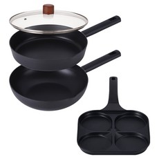 Lacena 全適用電磁爐平底鍋 28cm + 炒鍋 28cm + 玻璃鍋蓋 + 四格蛋煎鍋 4件組, 1個, 黑色, 平底鍋 + 炒鍋 + 玻璃鍋蓋 + 四格蛋煎鍋
