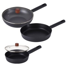 Lacena 全感應平底鍋 20cm + 28cm + 中式炒鍋 28cm + 玻璃鍋蓋 2入 5件組, 1套, 黑色, 鍋具3種 + 鍋蓋2入
