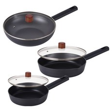 Lacena 全感應平底鍋 20cm + 24cm + 炒鍋 28cm + 玻璃鍋蓋 3件組 6件, 1套, 鍋具3種 + 鍋蓋3件, 黑色