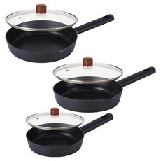 Lacena 全感應平底鍋 20cm + 24cm + 26cm + 玻璃鍋蓋3件 6件組, 1套, 黑色, 3種平底鍋 + 3件玻璃鍋蓋