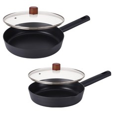 Lacena 全感應平底鍋 24cm + 28cm + 玻璃鍋蓋 2件 4件組, 1套, 黑色, 平底鍋 2種 + 玻璃鍋蓋 2件