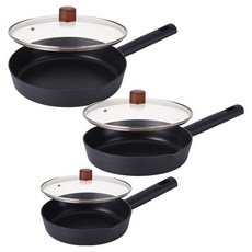 Lacena IH全適用平底鍋 20cm + 24cm + 28cm + 玻璃鍋蓋 3件組 6入, 1套, 黑色, 平底鍋3種 + 玻璃鍋蓋3件