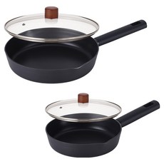Lacena 全IH爐通用平底鍋 20公分 + 26公分 + 玻璃鍋蓋 2件組 4組, 1套, 黑色, 平底鍋 2種 + 玻璃鍋蓋 2件
