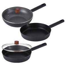 Lacena 全電磁爐適用平底鍋 26cm + 28cm + 炒鍋 28cm + 玻璃鍋蓋 2p 5件組, 1套, 黑色, 3種鍋具 + 2p鍋蓋