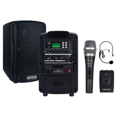 GRACE 휴대용 충전 스피커 + 유선 마이크 + 무선 헤드셋 마이크 세트, EG-116N, 블랙