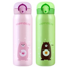 Happy Bear 一鍵式保溫保冷瓶 450ml x 2入組, 1套, 粉紅色, 綠色