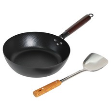 電磁爐 IH 鑄鐵多功能鍋 2件組, 1套, 黑色 + 木質, 多功能鍋 28cm + 不鏽鋼木質鍋鏟