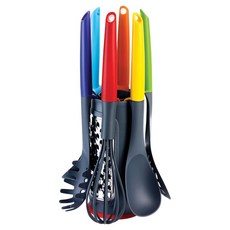 GHIDINI 料理工具7件組, 義大利麵杓 + 湯杓 + 打蛋器 + 漏杓 + 鍋鏟 + 料理匙 + 收納架, 1個, 混色