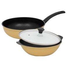 interCOOK 鑽石平底鍋3件組, 黃色, 3個, 28cm中式炒鍋 + 28cm派對炒鍋 + 28cm玻璃鍋蓋