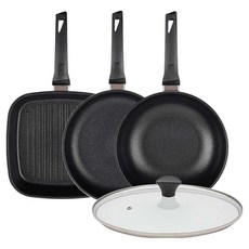 interCOOK 電磁爐平底鍋4件組, 1套, 黑色, 27cm 方形煎鍋 + 28cm 平底鍋 + 28cm 炒鍋 + 28cm 玻璃鍋蓋