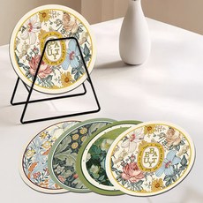 Hanbomnuri 復古風情防水杯墊4入 + 收納架組合, 1套, 混合色