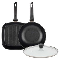 interCOOK 電磁爐平底鍋3件組, 1套, 黑色, 方形煎鍋 27cm + 炒鍋 28cm + 玻璃鍋蓋 28cm