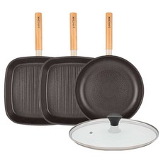 interCOOK 電磁爐Forest平底鍋4件組, 方形煎鍋 27cm + 方形煎鍋 27cm + 平底鍋 28cm + 玻璃鍋蓋, 1套, 米色