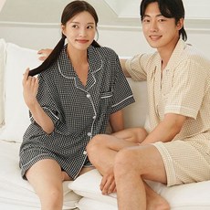 GLAM GONGGAM 情侶款楊柳格紋柔軟短袖夏季睡衣兩件式套裝 + 禮物盒