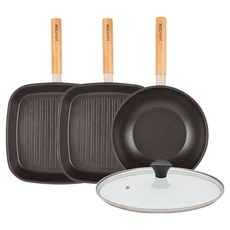 인터쿡 인덕션 포레스트 후라이팬 4종 세트, 베이지, 1세트, 사각팬 27cm + 사각팬 27cm + 궁중팬 24cm + 유리뚜껑