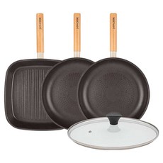 인터쿡 인덕션 포레스트 후라이팬 4종 세트, 베이지, 1세트, 사각팬 27cm + 후라이팬 28cm + 후라이팬 28cm + 유리뚜껑