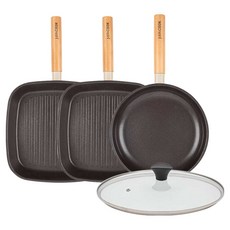 인터쿡 인덕션 포레스트 후라이팬 4종 세트, 베이지, 1세트, 사각팬 27cm + 사각팬 27cm + 후라이팬 24cm + 유리뚜껑