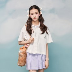 applepink 兒童泡泡紗小熊刺繡短版襯衫 S302