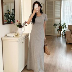 saystyle 傑利短袖圓領A字Maxi長版連身裙 含大尺碼, 麻灰色