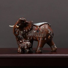 PDS家居裝飾 風水禮物 象鼻朝下 象鼻朝上 大象母子像 2件組 小型, 木材
