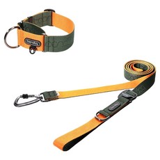 분독 강아지 플레이 리쉬 리드줄 + 카라비너 와이드 목줄 세트, 카키오렌지, 1세트
