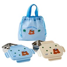 Modern House 2層分離型不鏽鋼304兒童便當盒 650ml+塑膠袋組, 1套, 幸運熊