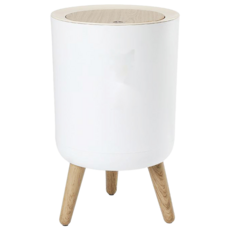 FEIDASH 飛達三和 高腳木紋垃圾桶 便捷卡扣設計 壓圈固定 北歐風木紋蓋 7L 白色, 36.3 x 22cm