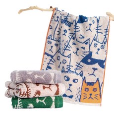 星紅織品 可愛胖胖貓雙面圖案純棉毛巾4件組 70g 柔軟吸水, 1組, 綠色 + 藍色 + 咖啡色 + 淺灰色