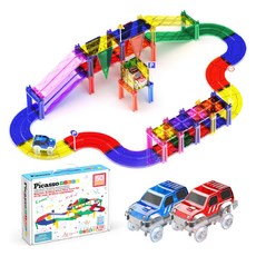PicassoTILES 畢卡索 賽車建築磁力片 50p + LED汽車 2p 套裝, 1套, 混合色