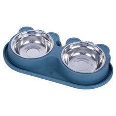 DING DONG PET 寵物雙熊不鏽鋼雙碗飲水餵食碗, 1個, 海軍藍