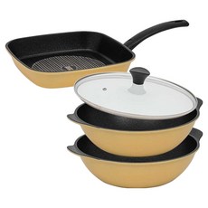 interCOOK 鑽石平底鍋4件組, 黃色, 1套, 27cm 方形煎鍋 + 28cm 派對鍋 + 28cm 派對鍋 + 玻璃鍋蓋