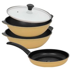 인터쿡 다이아 프라이팬세트 3개, 프라이팬 24cm(1P) + 파티웍 28cm(2P) + 유리뚜껑 28cm(1P), 1세트, 옐로우