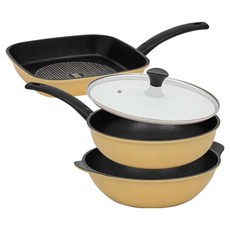 인터쿡 다이아 프라이팬세트 3개, 사각팬 27cm + 궁중팬 28cm + 파티웍 28cm + 유리뚜껑 28cm, 1세트, 옐로우